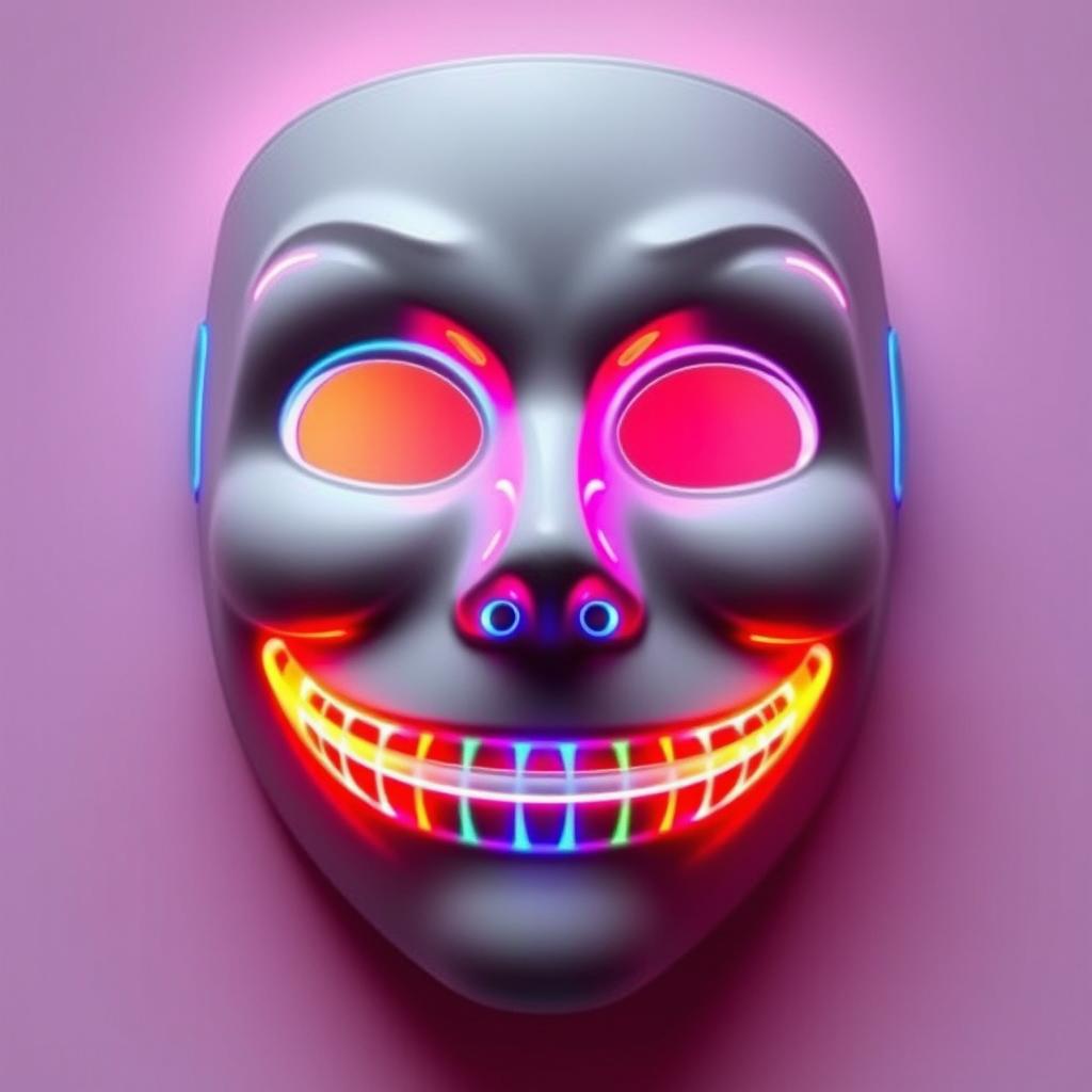 An LED emotion mask with hollow eyes and a straight mouth, featuring bright, glowing LED lights that change colors