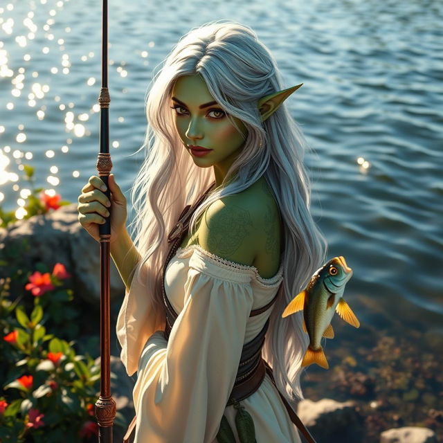 An elven fisher with striking green skin, appearing around 30 degrees to the left