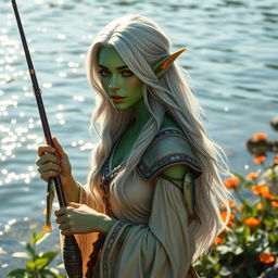 An elven fisher with striking green skin, appearing around 30 degrees to the left