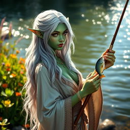 An elven fisher with striking green skin, appearing around 30 degrees to the left