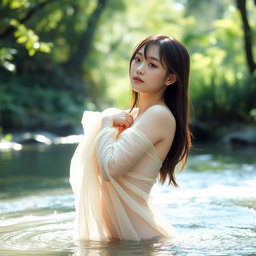 A beautiful Japanese Oriental girl bathing in a tranquil river