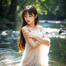 A beautiful Japanese Oriental girl bathing in a tranquil river