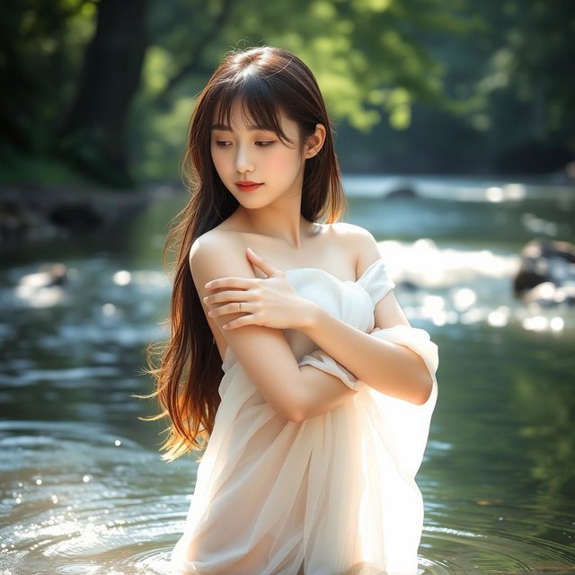 A beautiful Japanese Oriental girl bathing in a tranquil river