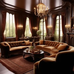 An optimized plan for a Victorian style living room, measuring 8 meters by 4 meters, strategically featuring elegant furniture such as a plush velvet sofa, an ornate mahogany coffee table, and high-backed chairs for space utilization