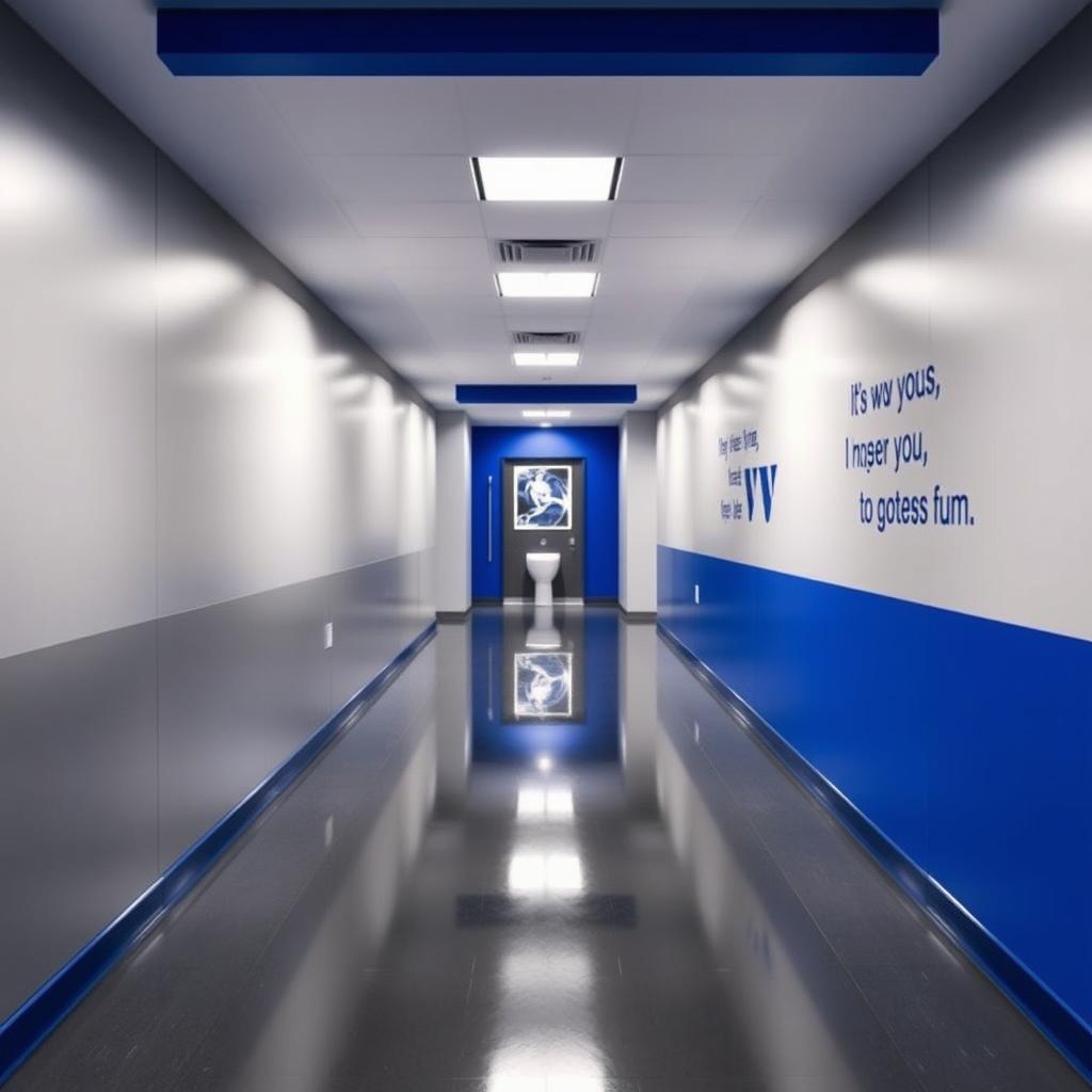 A long hallway leading to a gym bathroom, decorated with a sophisticated color palette of silver gray and royal blue