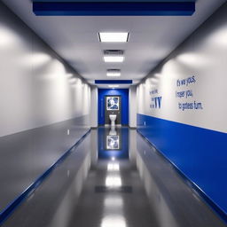 A long hallway leading to a gym bathroom, decorated with a sophisticated color palette of silver gray and royal blue