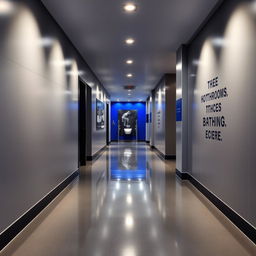 A long hallway leading to a gym bathroom, decorated with a sophisticated color palette of silver gray and royal blue