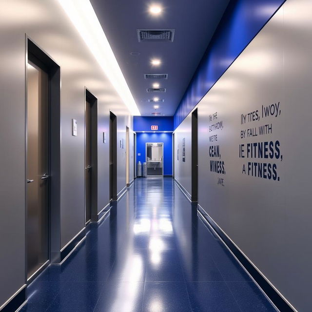 A long hallway leading to a gym bathroom, decorated with a sophisticated color palette of silver gray and royal blue