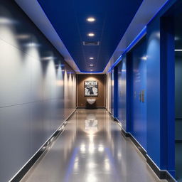 A long hallway leading to a gym bathroom, decorated with a sophisticated color palette of silver gray and royal blue