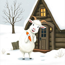 In a whimsical winter setting outside a charming wooden cabin covered in soft snow, a fluffy white goat joyfully holds a bright orange carrot in its hooves as it prepares to venture into the snowy landscape