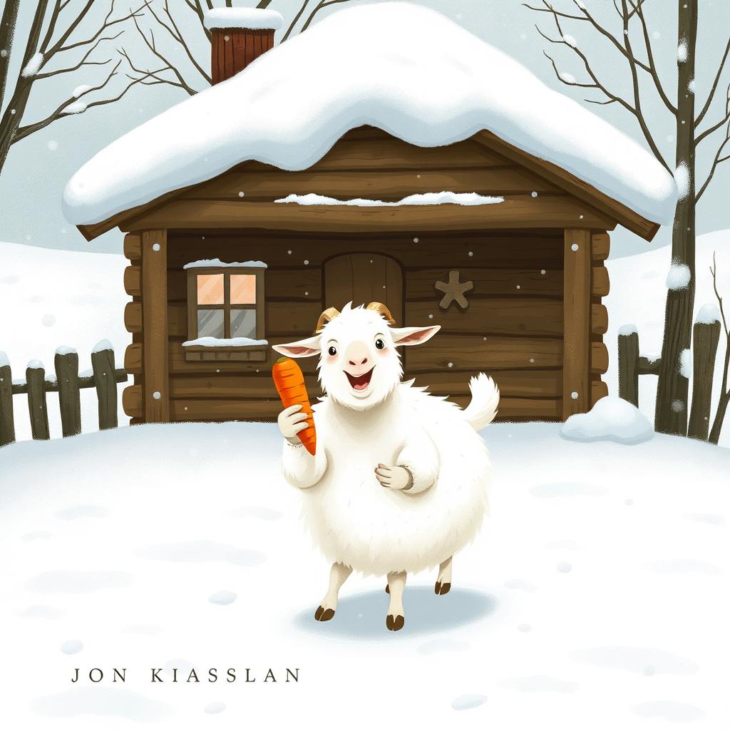 In a whimsical winter setting outside a charming wooden cabin covered in soft snow, a fluffy white goat joyfully holds a bright orange carrot in its hooves as it prepares to venture into the snowy landscape