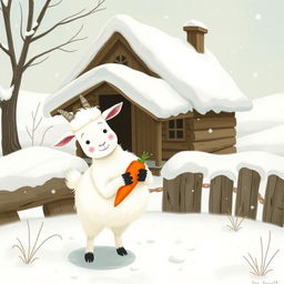 In a whimsical winter setting outside a charming wooden cabin covered in soft snow, a fluffy white goat joyfully holds a bright orange carrot in its hooves as it prepares to venture into the snowy landscape