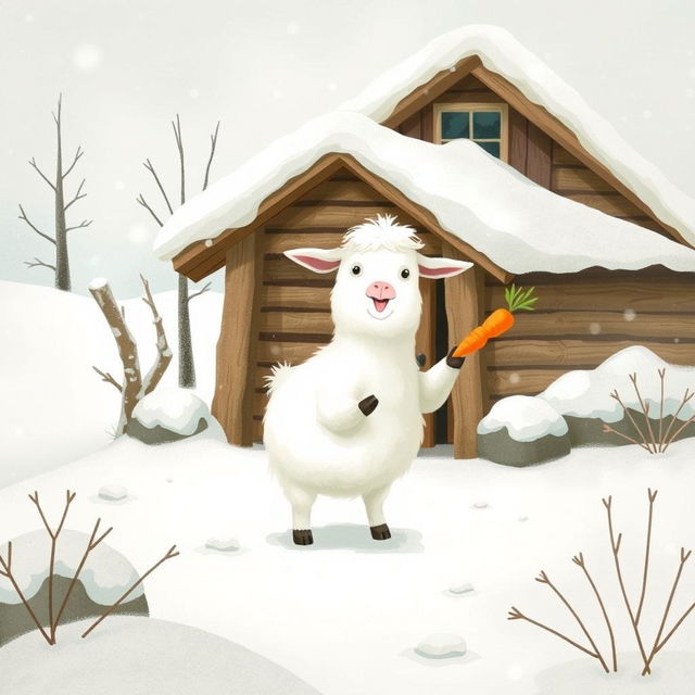 In a whimsical winter setting outside a charming wooden cabin covered in soft snow, a fluffy white goat joyfully holds a bright orange carrot in its hooves as it prepares to venture into the snowy landscape