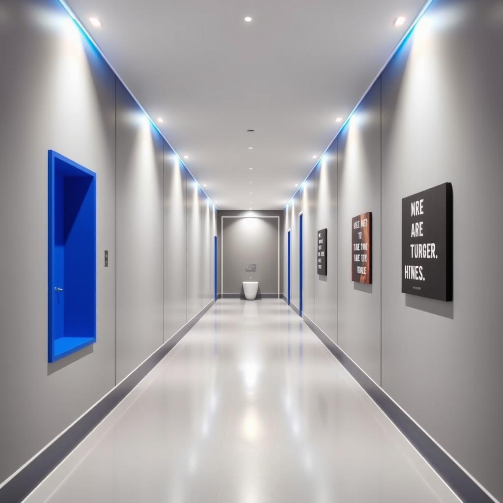 A long hallway leading to a small gym bathroom, showcasing a refined color palette of silver gray and royal blue