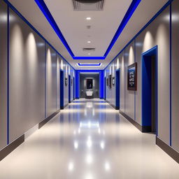 A long hallway leading to a small gym bathroom, showcasing a refined color palette of silver gray and royal blue