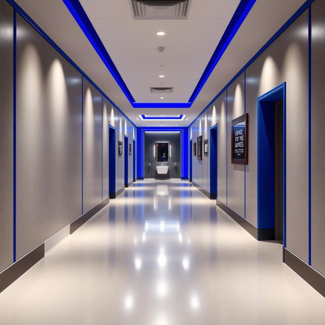 A long hallway leading to a small gym bathroom, showcasing a refined color palette of silver gray and royal blue