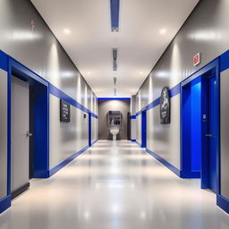 A long hallway leading to a small gym bathroom, showcasing a refined color palette of silver gray and royal blue