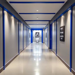 A long hallway leading to a small gym bathroom, showcasing a refined color palette of silver gray and royal blue