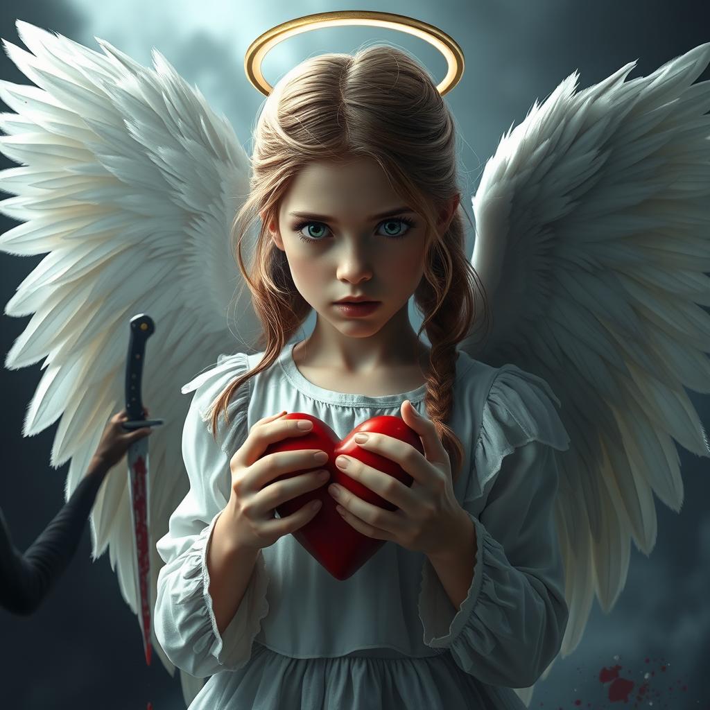 A stunning 16-year-old girl with angelic wings and a halo, holding a heart in her hands while gazing at the viewer with a mix of fear and determination, as if she is afraid of something