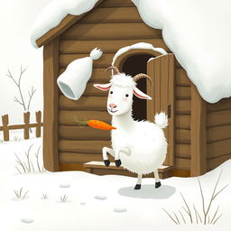 In a whimsical winter scene set outside a charming wooden cabin draped in soft snow, a fluffy white goat happily carries a bright orange carrot in its hooves as it prepares to venture into the snowy expanse