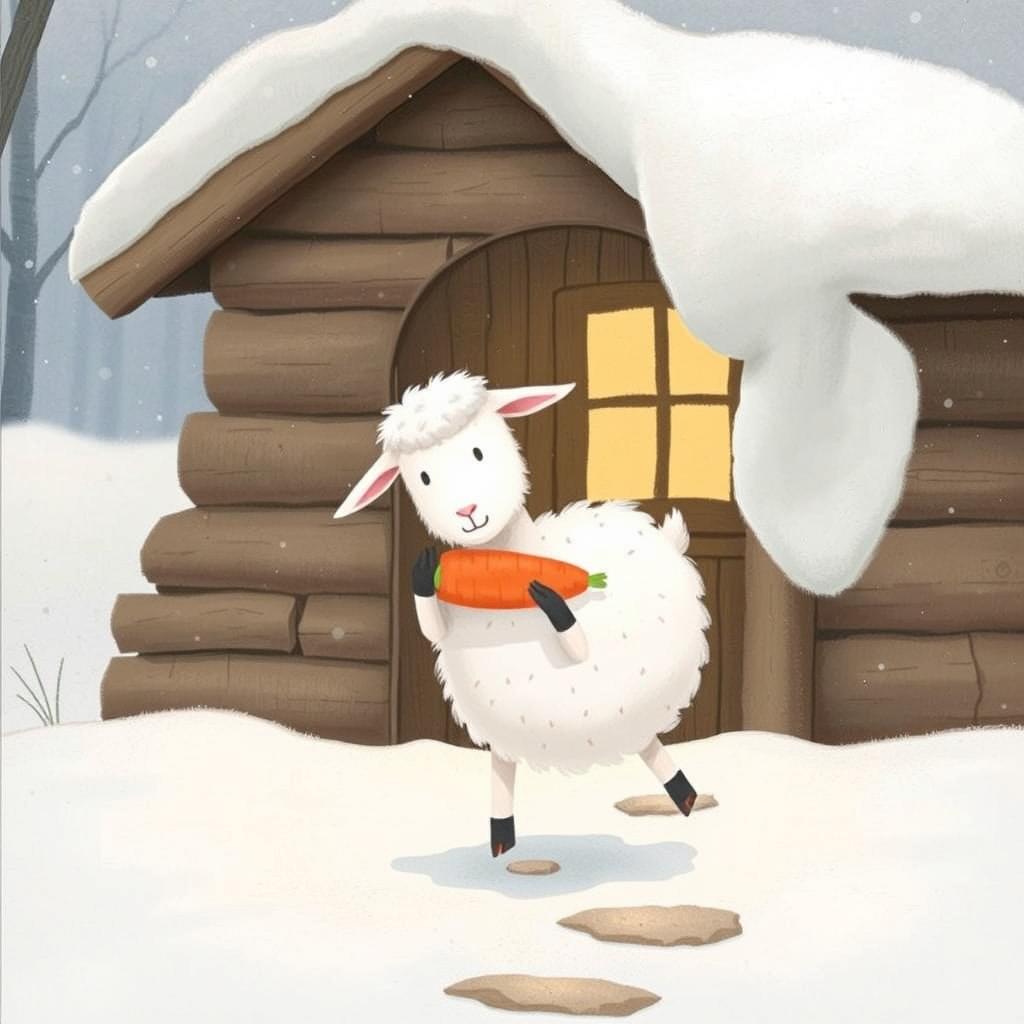 In a whimsical winter scene set outside a charming wooden cabin draped in soft snow, a fluffy white goat happily carries a bright orange carrot in its hooves as it prepares to venture into the snowy expanse