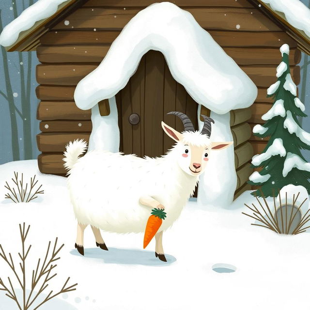 In a whimsical winter scene set outside a charming wooden cabin draped in soft snow, a fluffy white goat happily carries a bright orange carrot in its hooves as it prepares to venture into the snowy expanse