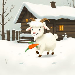 In a whimsical winter scene set outside a charming wooden cabin draped in soft snow, a fluffy white goat happily carries a bright orange carrot in its hooves as it prepares to venture into the snowy expanse