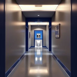 A long entrance hallway leading to a small gym bathroom, showcasing a stylish color palette of silver gray and royal blue
