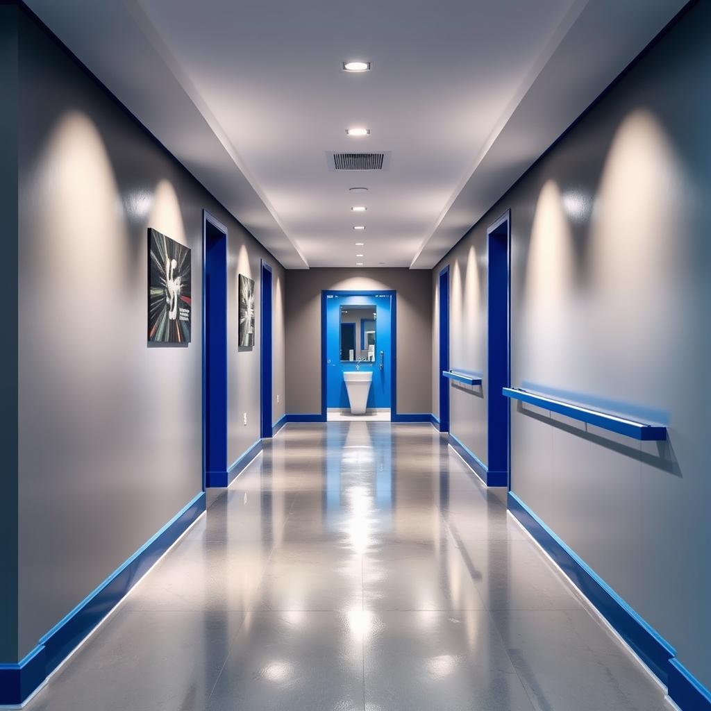 A long entrance hallway leading to a small gym bathroom, showcasing a stylish color palette of silver gray and royal blue