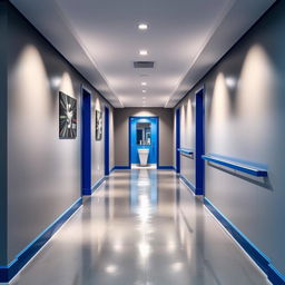 A long entrance hallway leading to a small gym bathroom, showcasing a stylish color palette of silver gray and royal blue