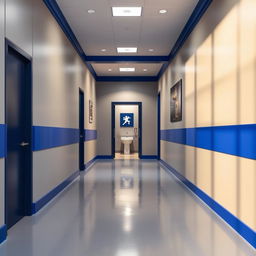 A long entrance hallway leading to a small gym bathroom, showcasing a stylish color palette of silver gray and royal blue