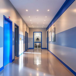 A long entrance hallway leading to a small gym bathroom, showcasing a stylish color palette of silver gray and royal blue