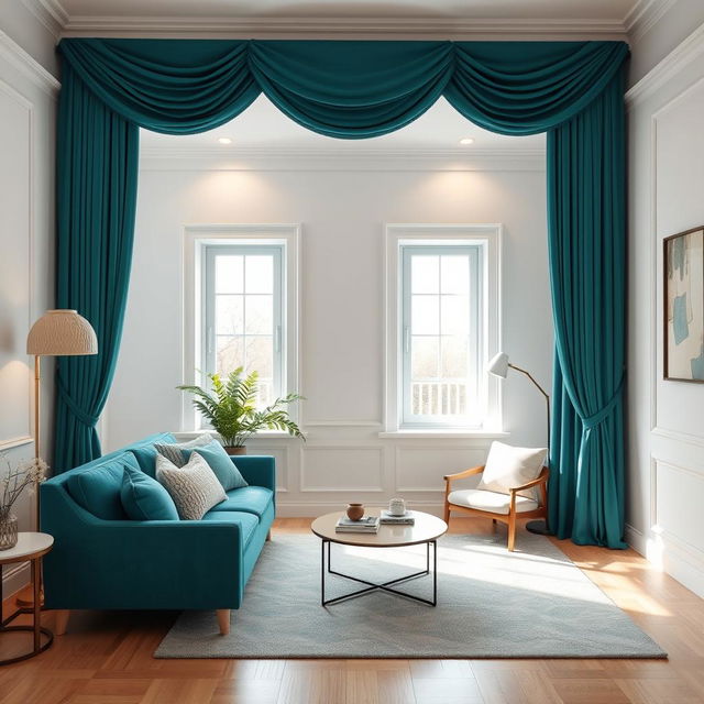 A cozy rectangle drawing room featuring pristine white walls that create a bright and airy atmosphere