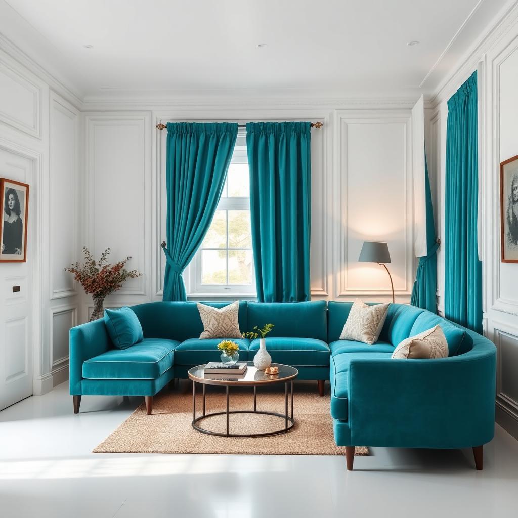 A cozy rectangle drawing room featuring pristine white walls that create a bright and airy atmosphere