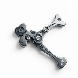 An intricate mechanical engineering design resembling a stylized bone, featuring gears, pulleys, and metallic components seamlessly integrated into the bone structure
