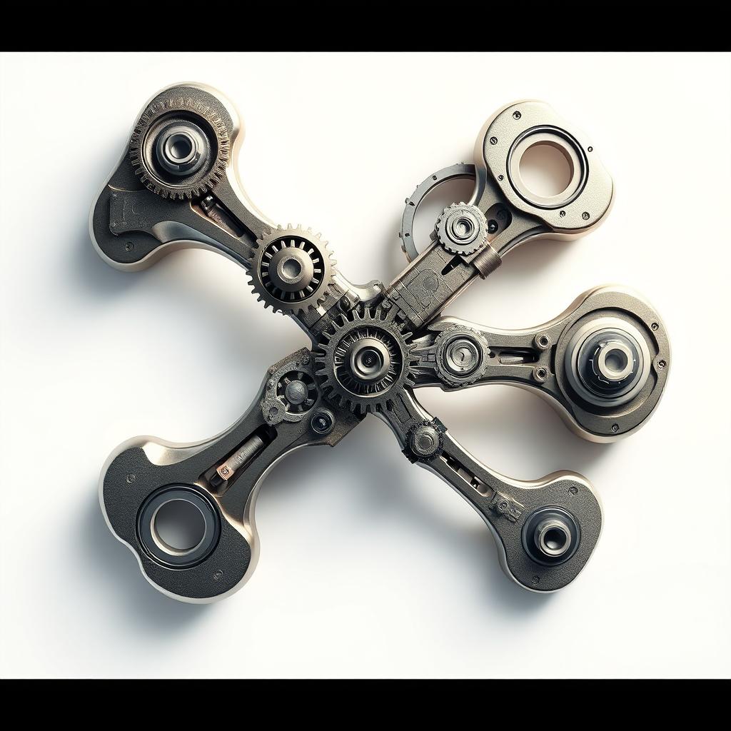 An intricate mechanical engineering design resembling a stylized bone, featuring gears, pulleys, and metallic components seamlessly integrated into the bone structure