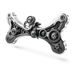 An intricate mechanical engineering design resembling a stylized bone, featuring gears, pulleys, and metallic components seamlessly integrated into the bone structure