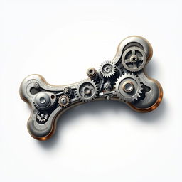 An intricate mechanical engineering design resembling a stylized bone, featuring gears, pulleys, and metallic components seamlessly integrated into the bone structure
