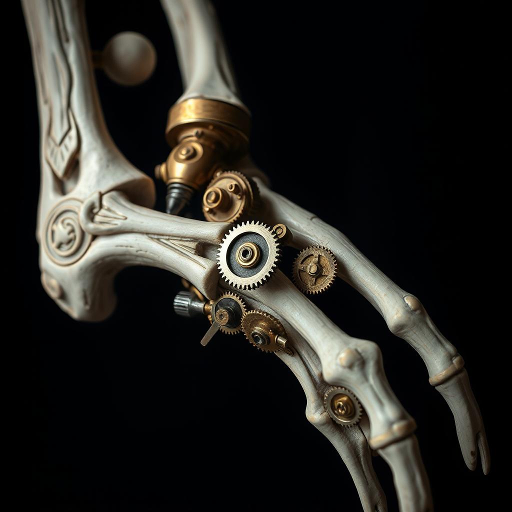 A close-up of a steampunk-inspired mechanical arm, intricately designed with bone and gears interwoven, showcasing a blend of organic and mechanical elements