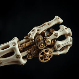 A close-up of a steampunk-inspired mechanical arm, intricately designed with bone and gears interwoven, showcasing a blend of organic and mechanical elements