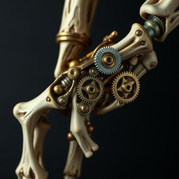 A close-up of a steampunk-inspired mechanical arm, intricately designed with bone and gears interwoven, showcasing a blend of organic and mechanical elements