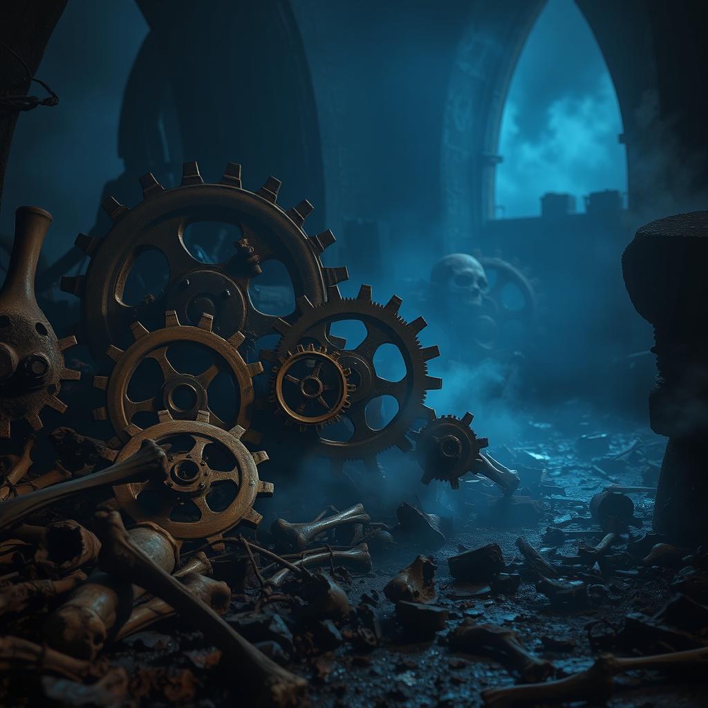 A dark and gritty fantasy scene featuring mechanical gears intertwined with skeletal bones in a surreal setting