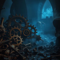 A dark and gritty fantasy scene featuring mechanical gears intertwined with skeletal bones in a surreal setting