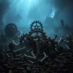 A dark and gritty fantasy scene featuring mechanical gears intertwined with skeletal bones in a surreal setting