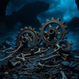 A dark and gritty fantasy scene featuring mechanical gears intertwined with skeletal bones in a surreal setting