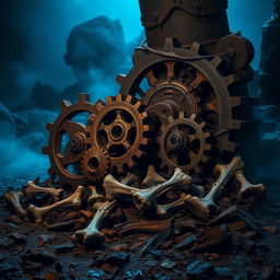 A dark and gritty fantasy scene featuring mechanical gears intertwined with skeletal bones in a surreal setting