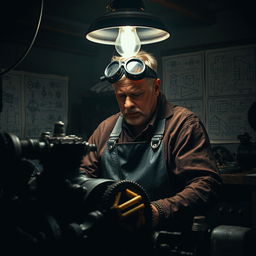 A dark and brooding mechanical engineer working intently on an intricate machine in a dimly lit workshop