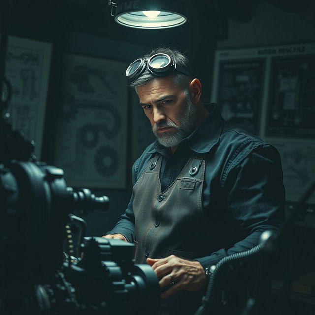 A dark and brooding mechanical engineer working intently on an intricate machine in a dimly lit workshop