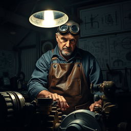 A dark and brooding mechanical engineer working intently on an intricate machine in a dimly lit workshop