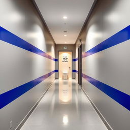 A long and narrow hallway leading to a small gym bathroom, featuring an elegant color palette of silver gray and royal blue